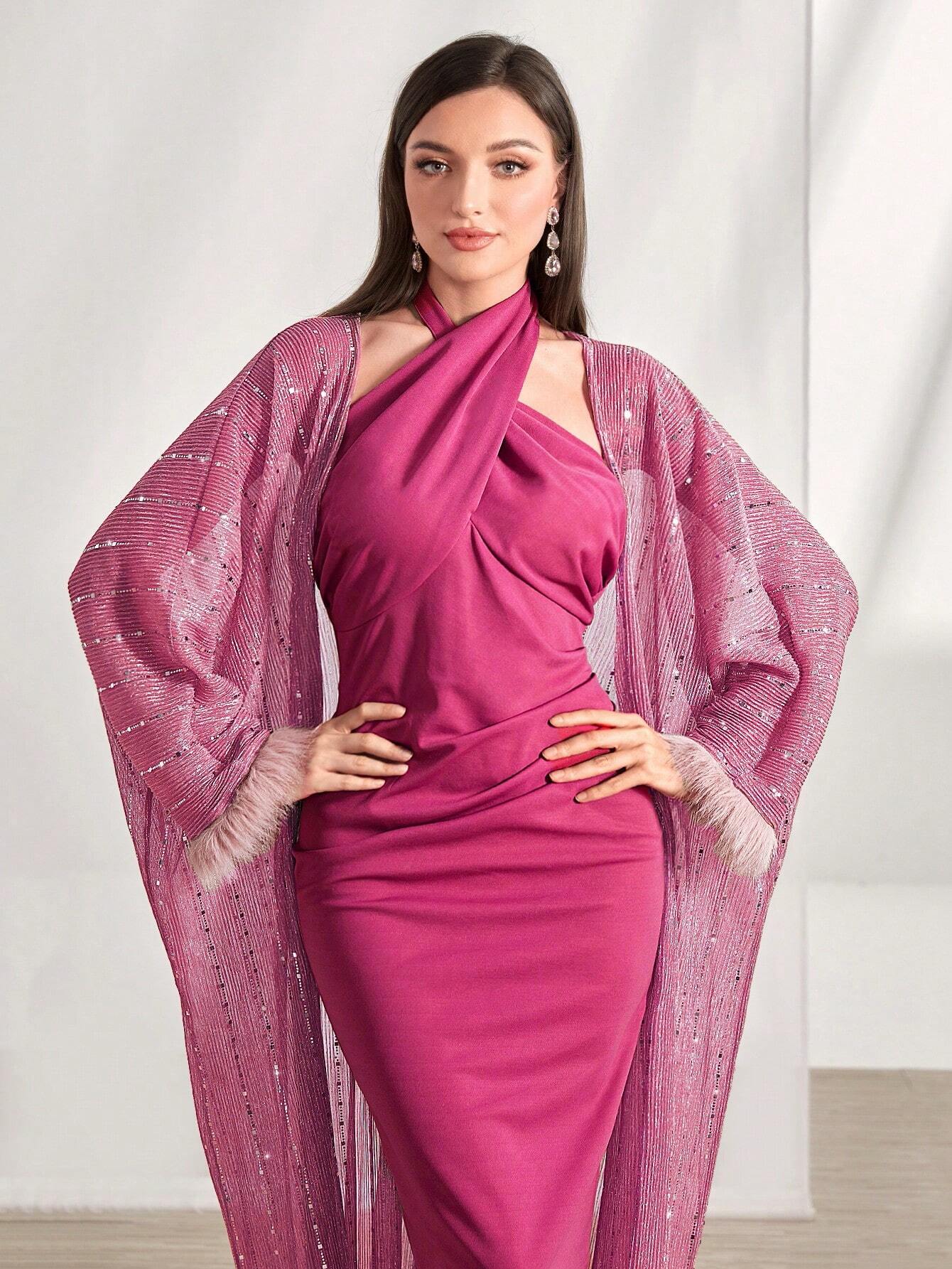 AZ Fuzzy Cuff Coat & Bodycon Dress shein