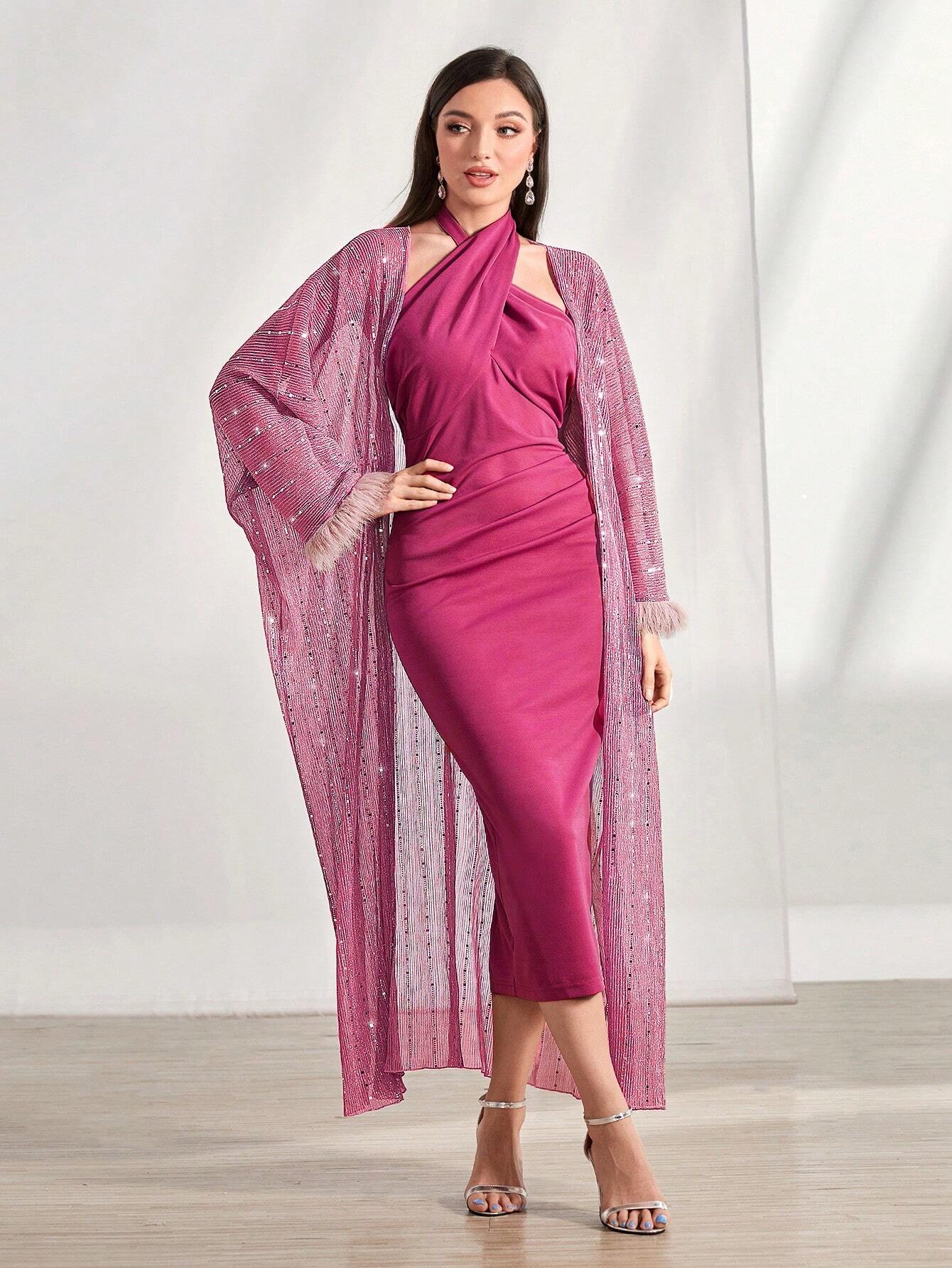 AZ Fuzzy Cuff Coat & Bodycon Dress shein