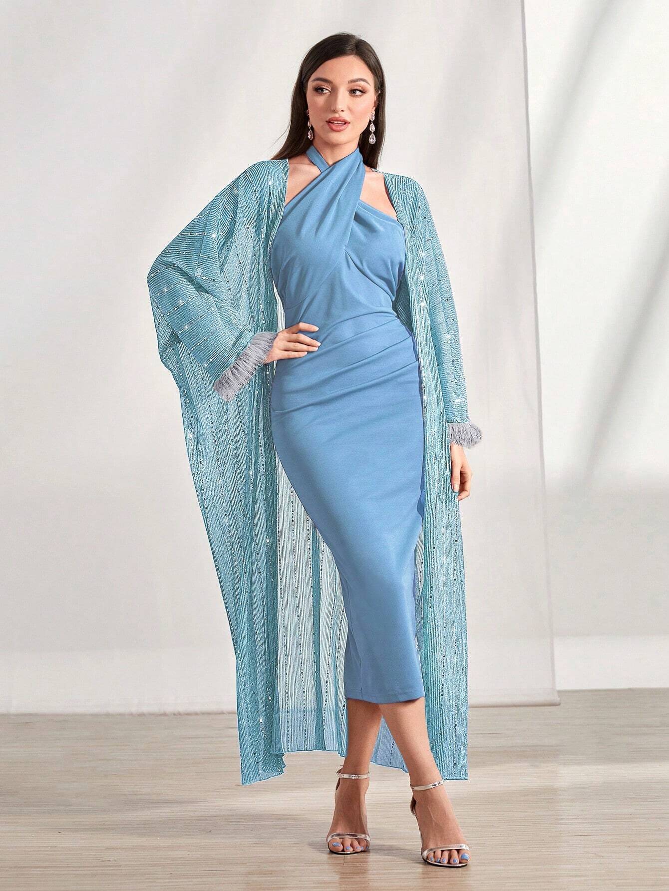 AZ Fuzzy Cuff Coat & Bodycon Dress shein