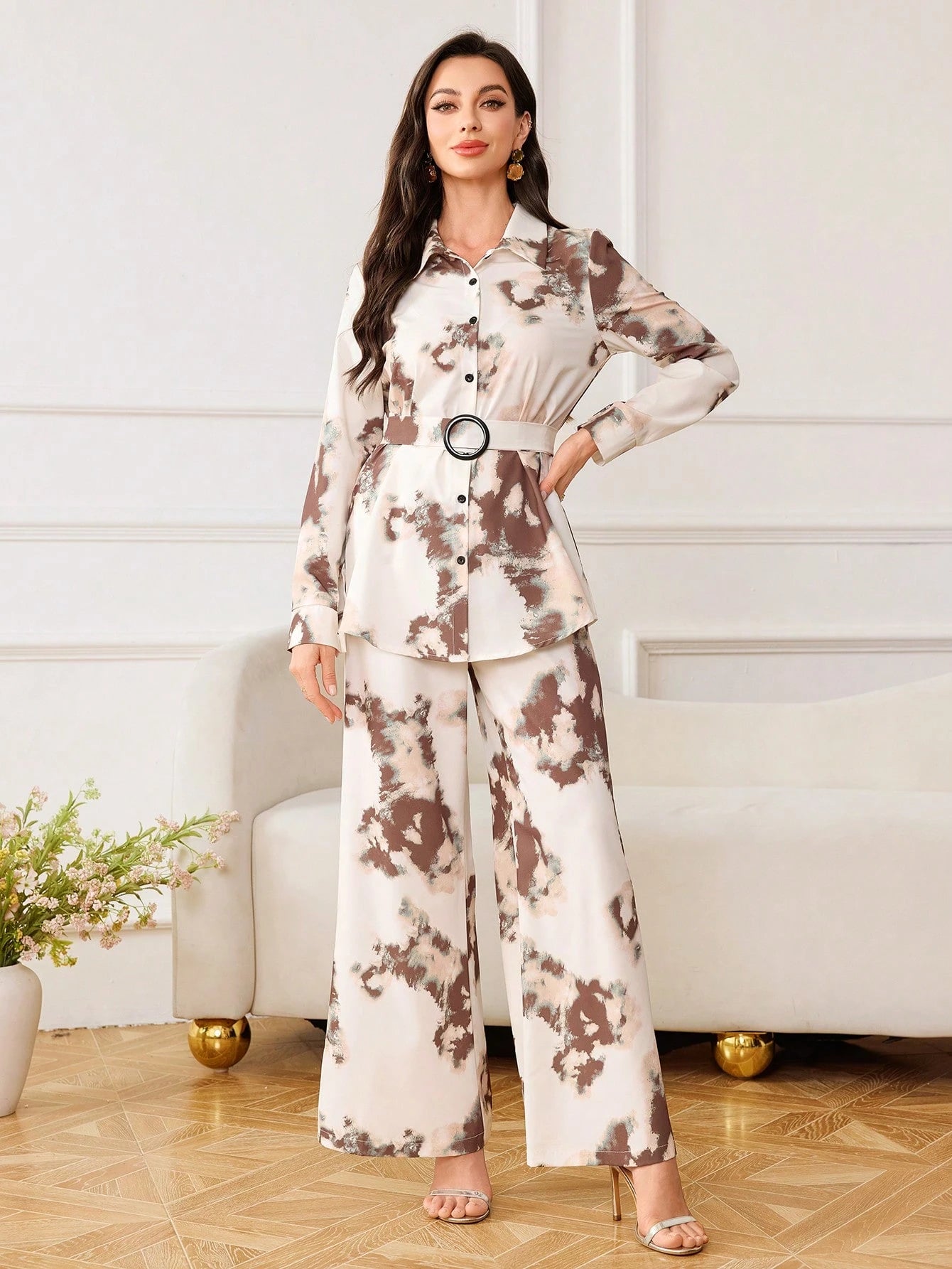 Women Tie-Dye Printed Loose Long Sleeve Shirt & Wide Leg Pants shein