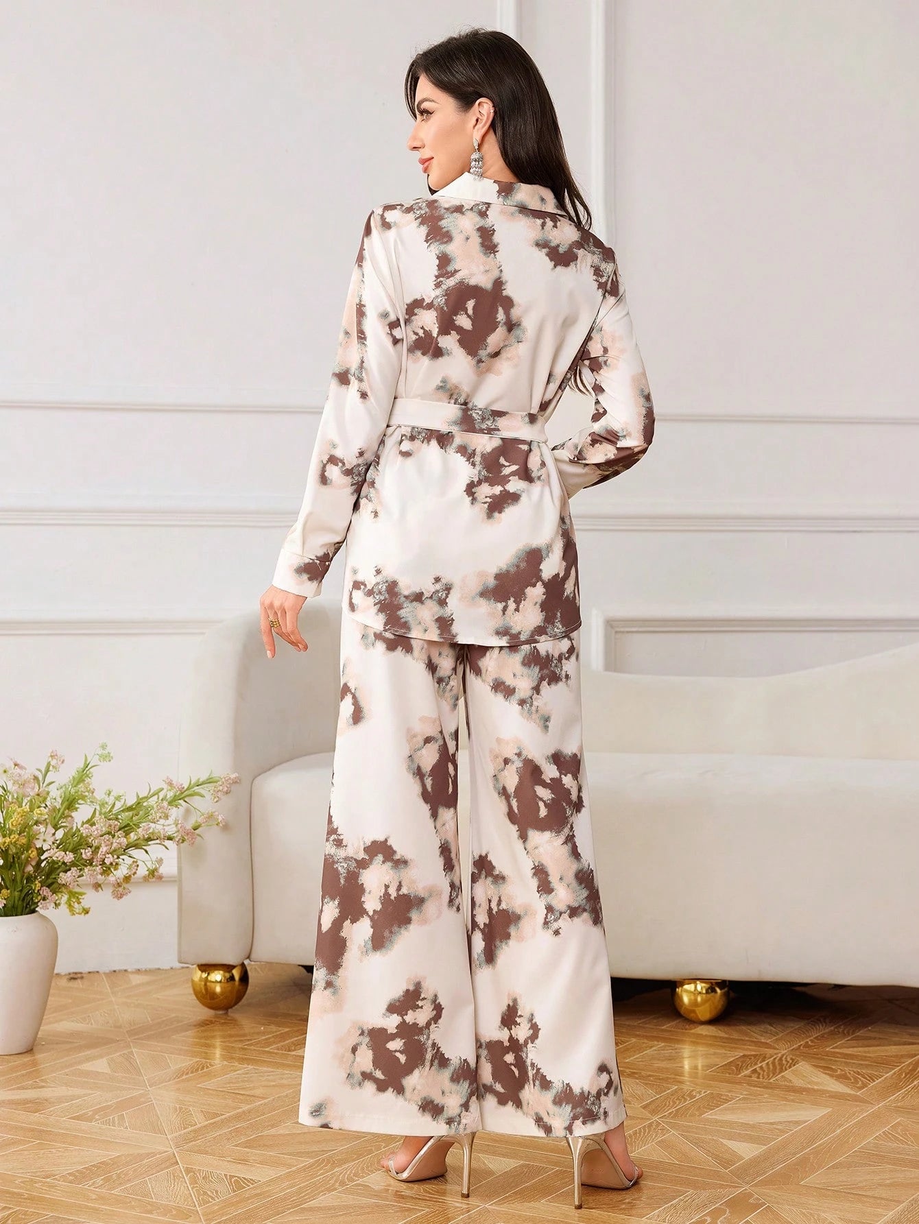 Women Tie-Dye Printed Loose Long Sleeve Shirt & Wide Leg Pants shein