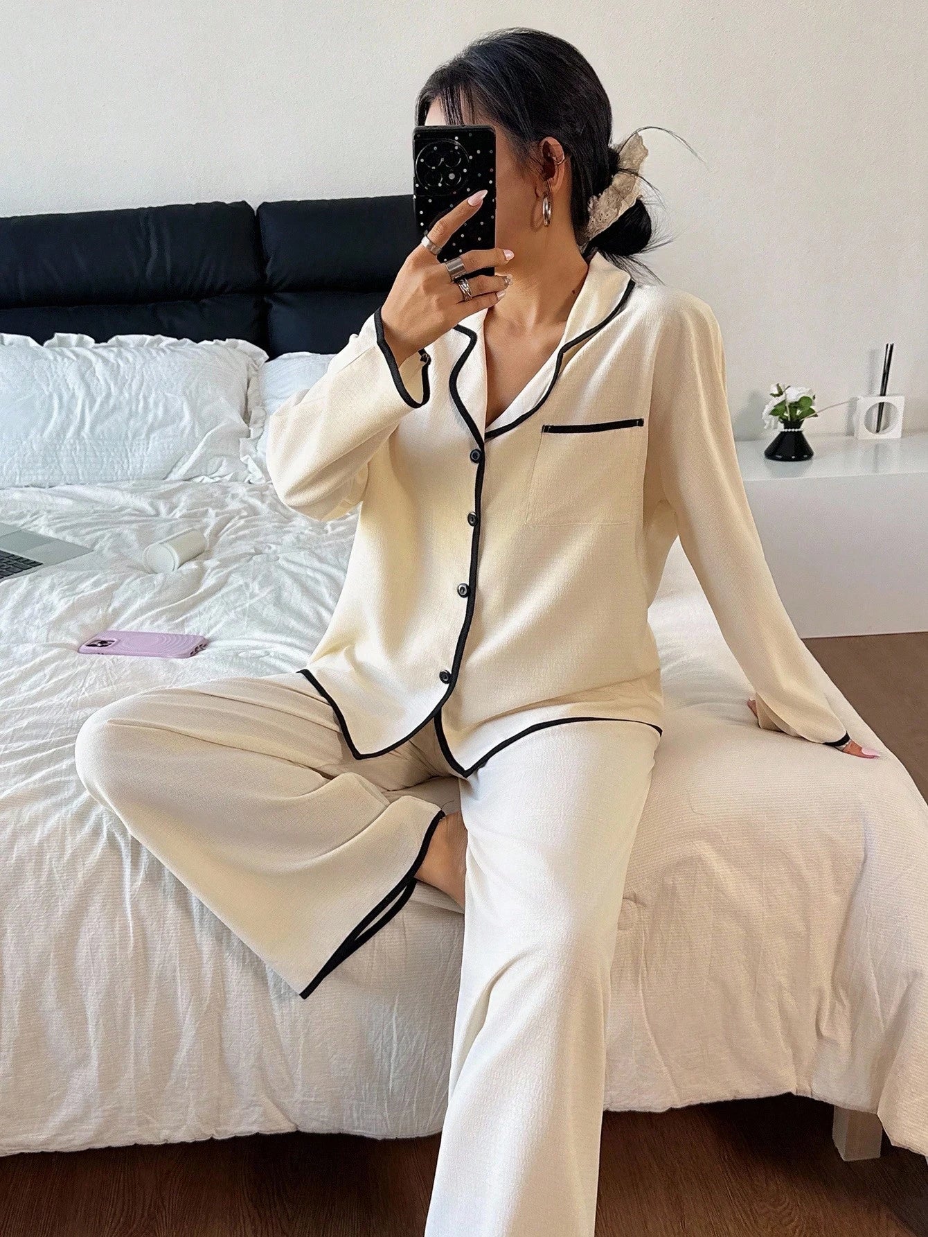 Dream Adore Women's Contrast Trim Lapel Loose Long Sleeve Pajama Set