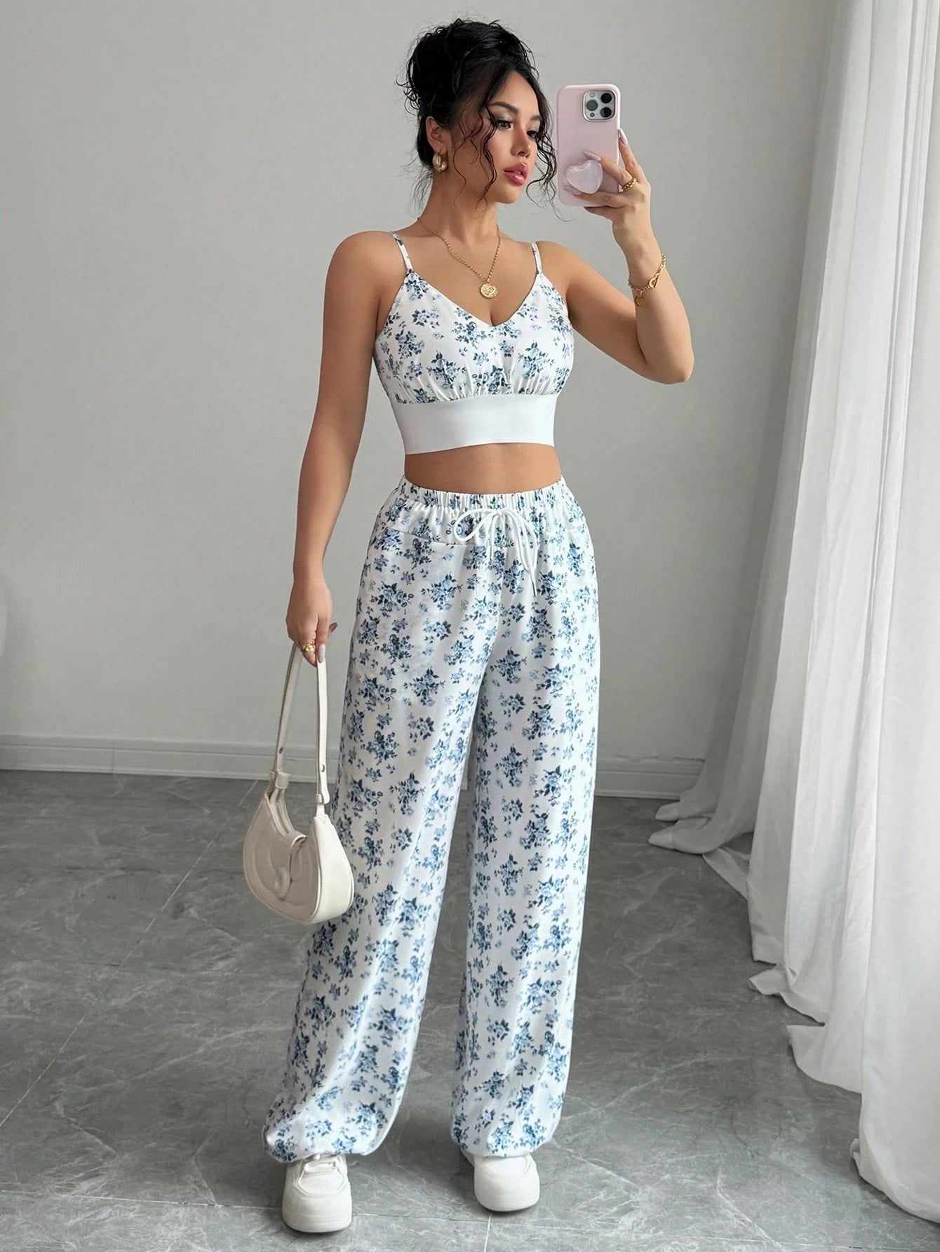 PETITE 2pcs Set Printed Short Camisole Crop Top And High Waist Wide Leg Pants shein