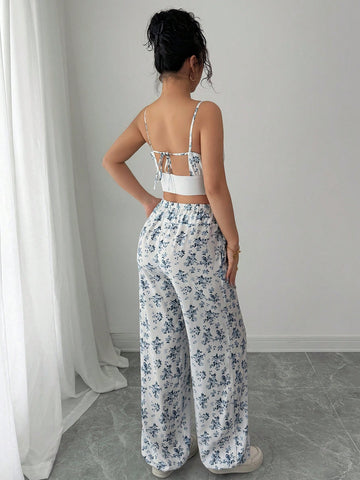 PETITE 2pcs Set Printed Short Camisole Crop Top And High Waist Wide Leg Pants