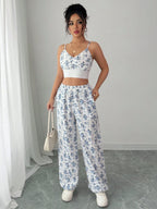 PETITE 2pcs Set Printed Short Camisole Crop Top And High Waist Wide Leg Pants shein