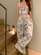 PETITE 2pcs Set Printed Short Camisole Crop Top And High Waist Wide Leg Pants shein