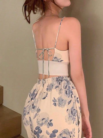 PETITE 2pcs Set Printed Short Camisole Crop Top And High Waist Wide Leg Pants