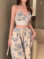 PETITE 2pcs Set Printed Short Camisole Crop Top And High Waist Wide Leg Pants shein