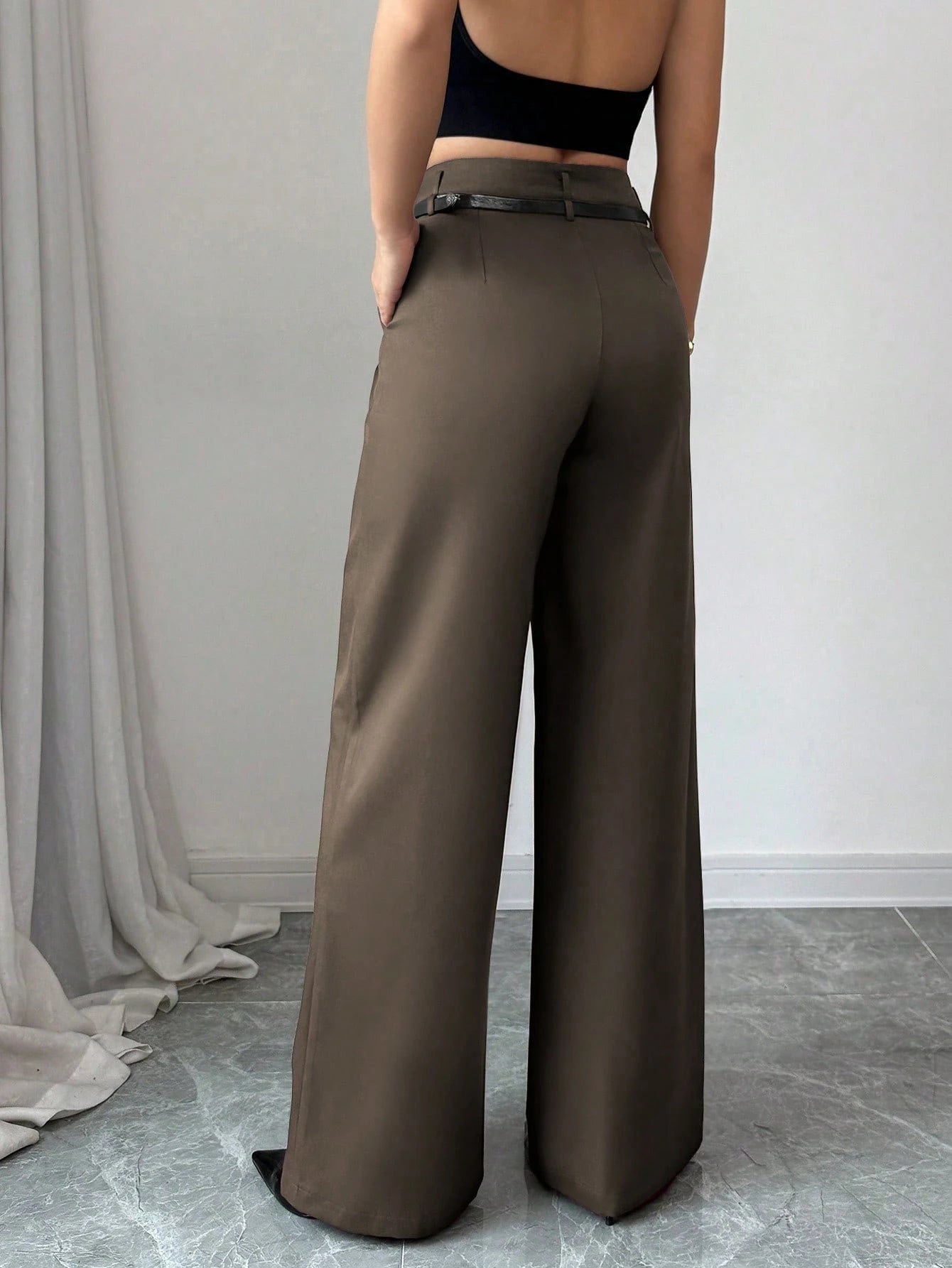 High Waist Solid Wide Leg Pants With Matching Vintage Belt