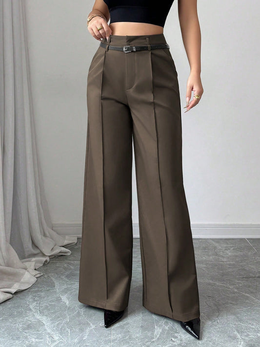High Waist Solid Wide Leg Pants With Matching Vintage Belt