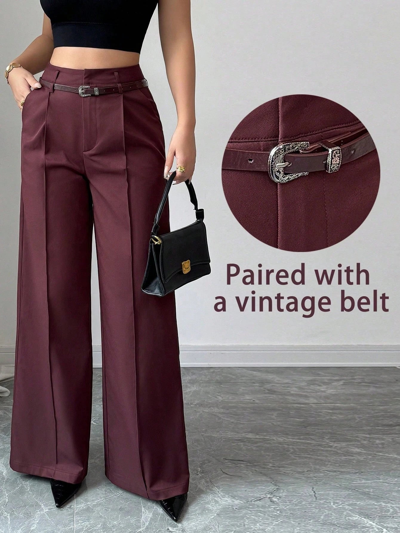 High Waist Solid Wide Leg Pants With Matching Vintage Belt