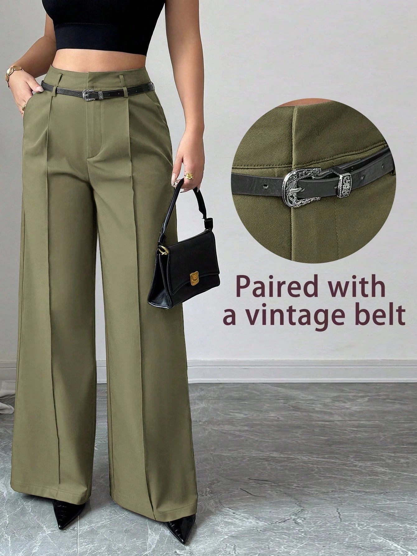 High Waist Solid Wide Leg Pants With Matching Vintage Belt