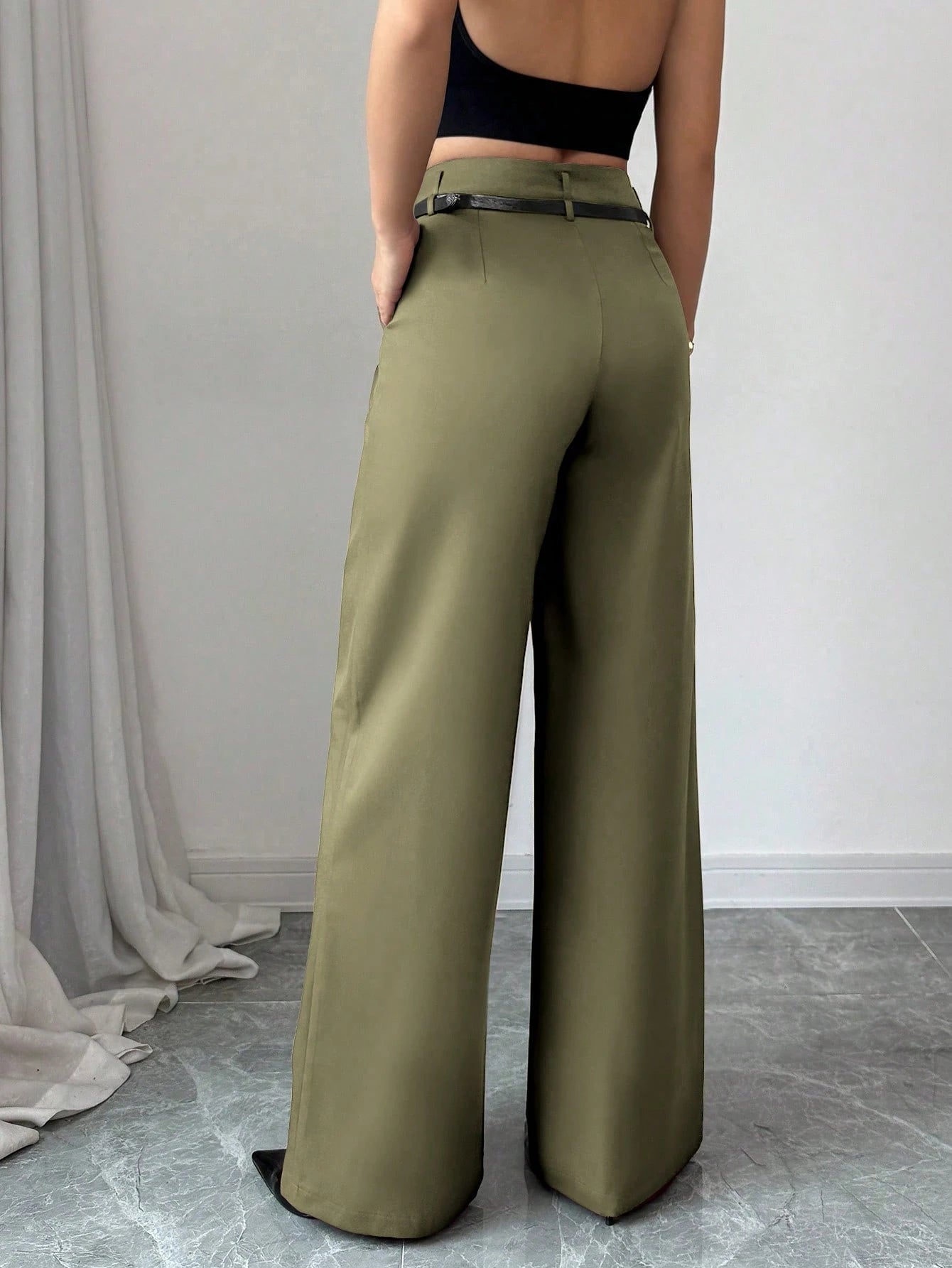 High Waist Solid Wide Leg Pants With Matching Vintage Belt