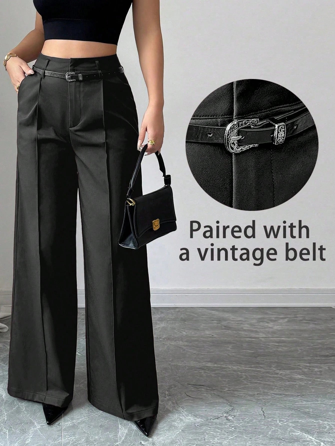 High Waist Solid Wide Leg Pants With Matching Vintage Belt
