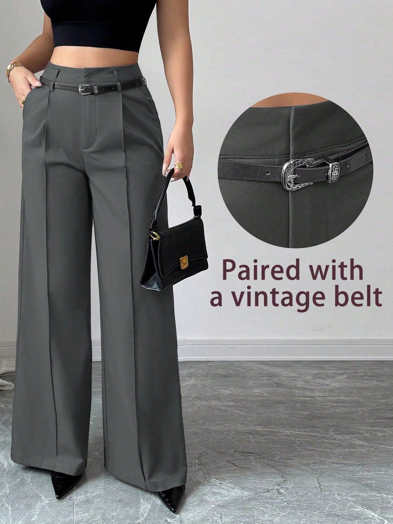 High Waist Solid Wide Leg Pants With Matching Vintage Belt