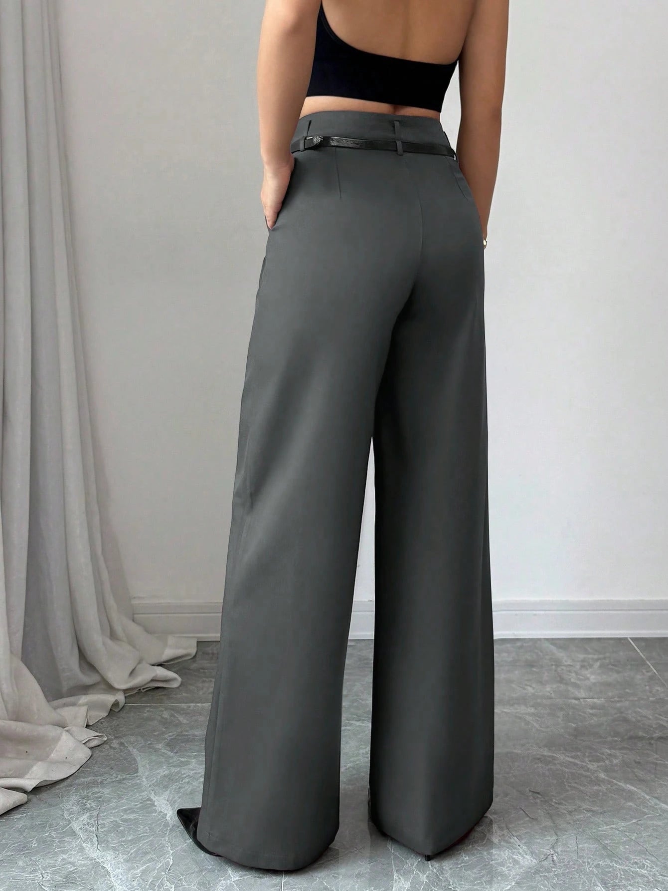 High Waist Solid Wide Leg Pants With Matching Vintage Belt