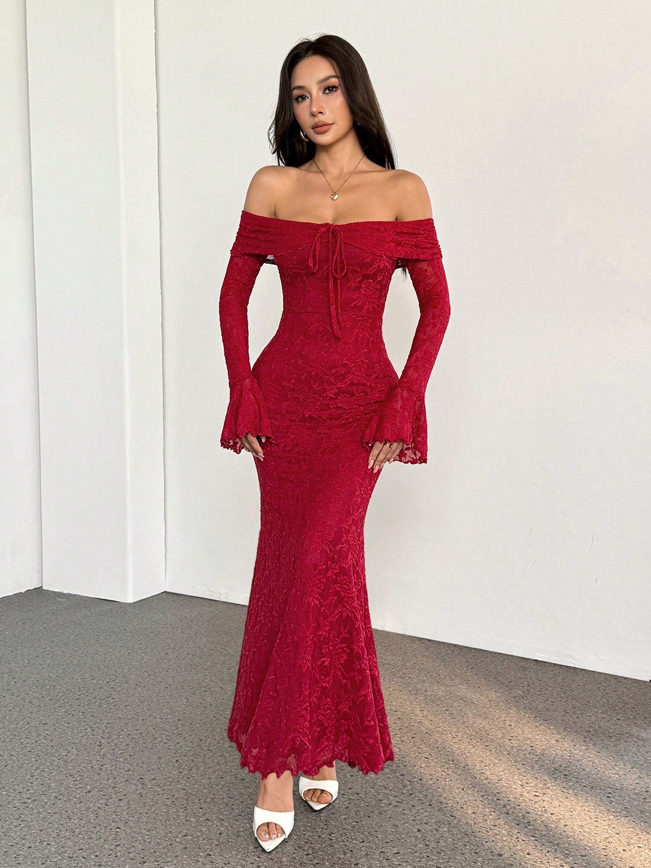 Women Off Shoulder Long Sleeve Front Tie Bodycon Dress shein