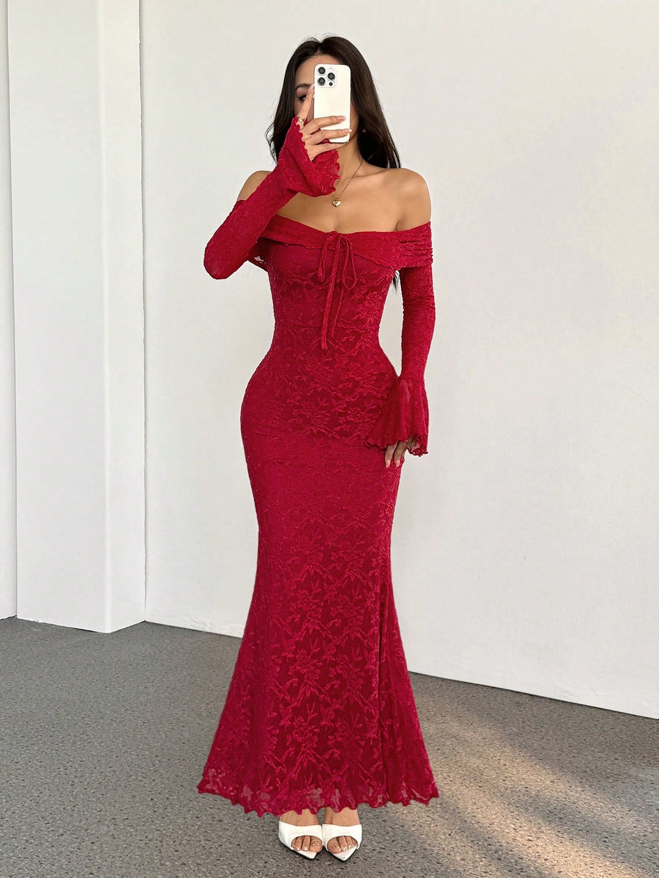 Women Off Shoulder Long Sleeve Front Tie Bodycon Dress shein