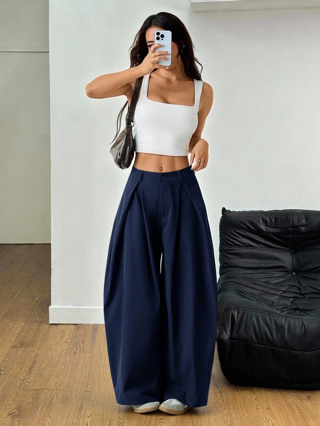 Vintage Casual Hippie Street Oversized Blue Striped Textured Wide Leg Pants shein
