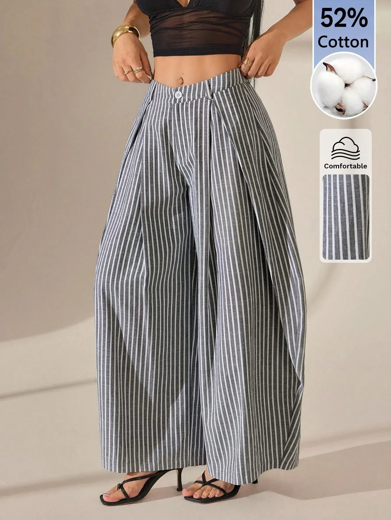 Vintage Casual Hippie Street Oversized Blue Striped Textured Wide Leg Pants shein