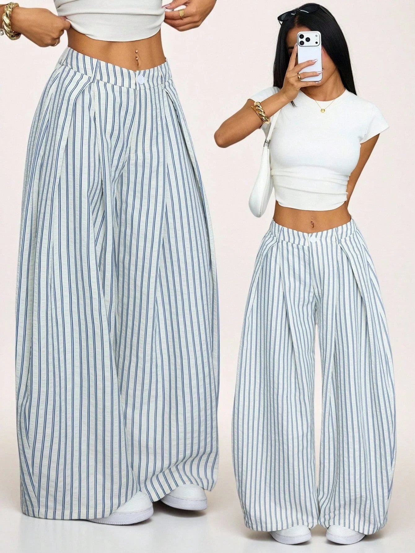 Vintage Casual Hippie Street Oversized Blue Striped Textured Wide Leg Pants shein