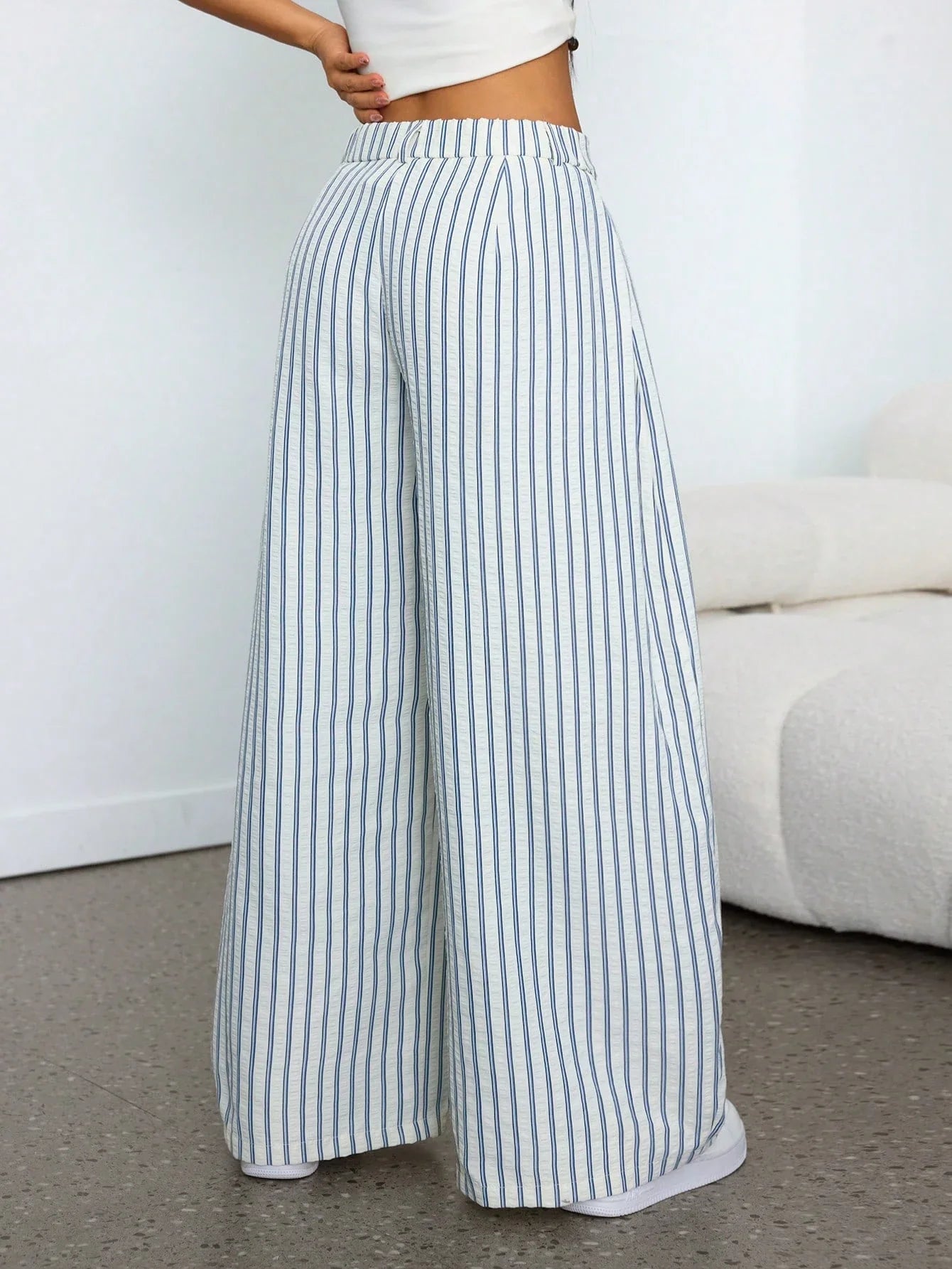 Vintage Casual Hippie Street Oversized Blue Striped Textured Wide Leg Pants shein