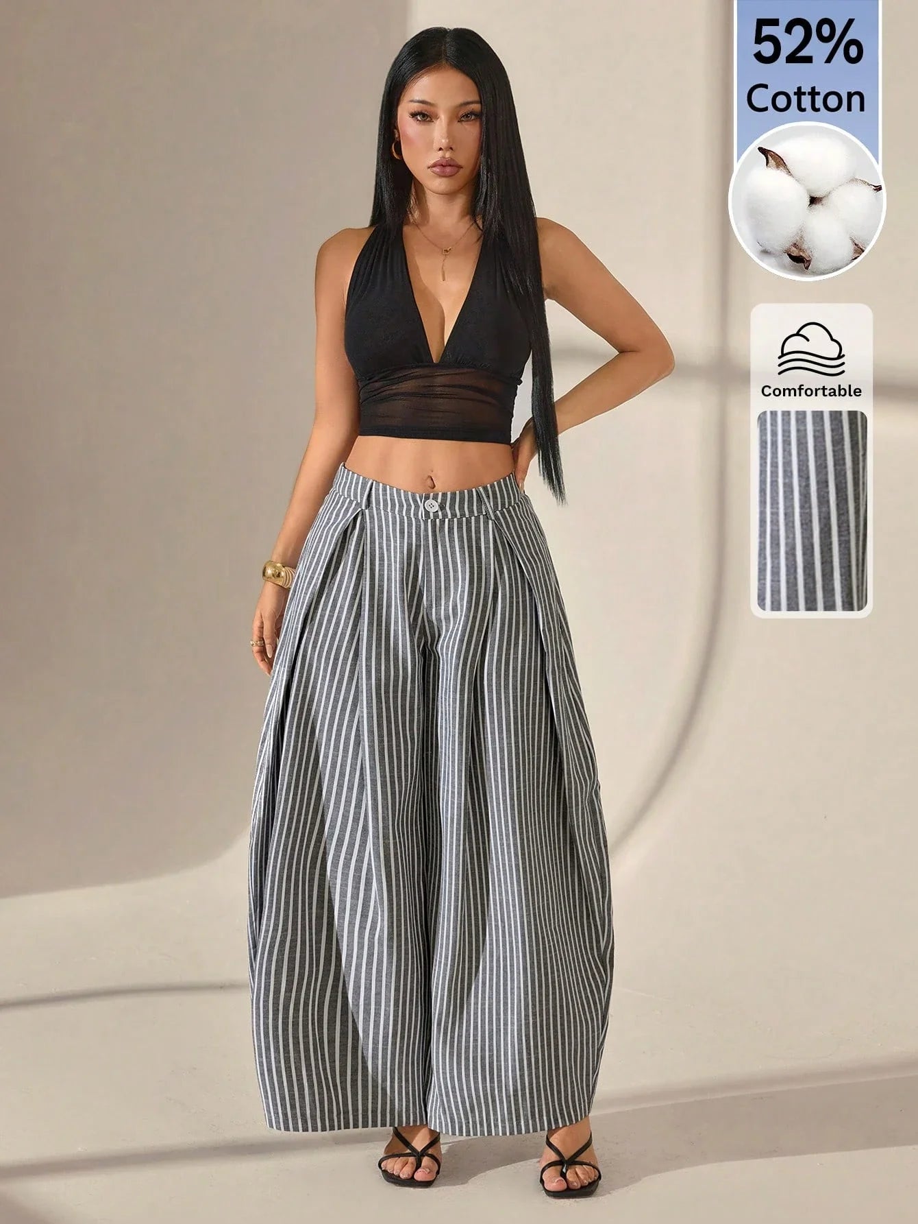 Vintage Casual Hippie Street Oversized Blue Striped Textured Wide Leg Pants shein