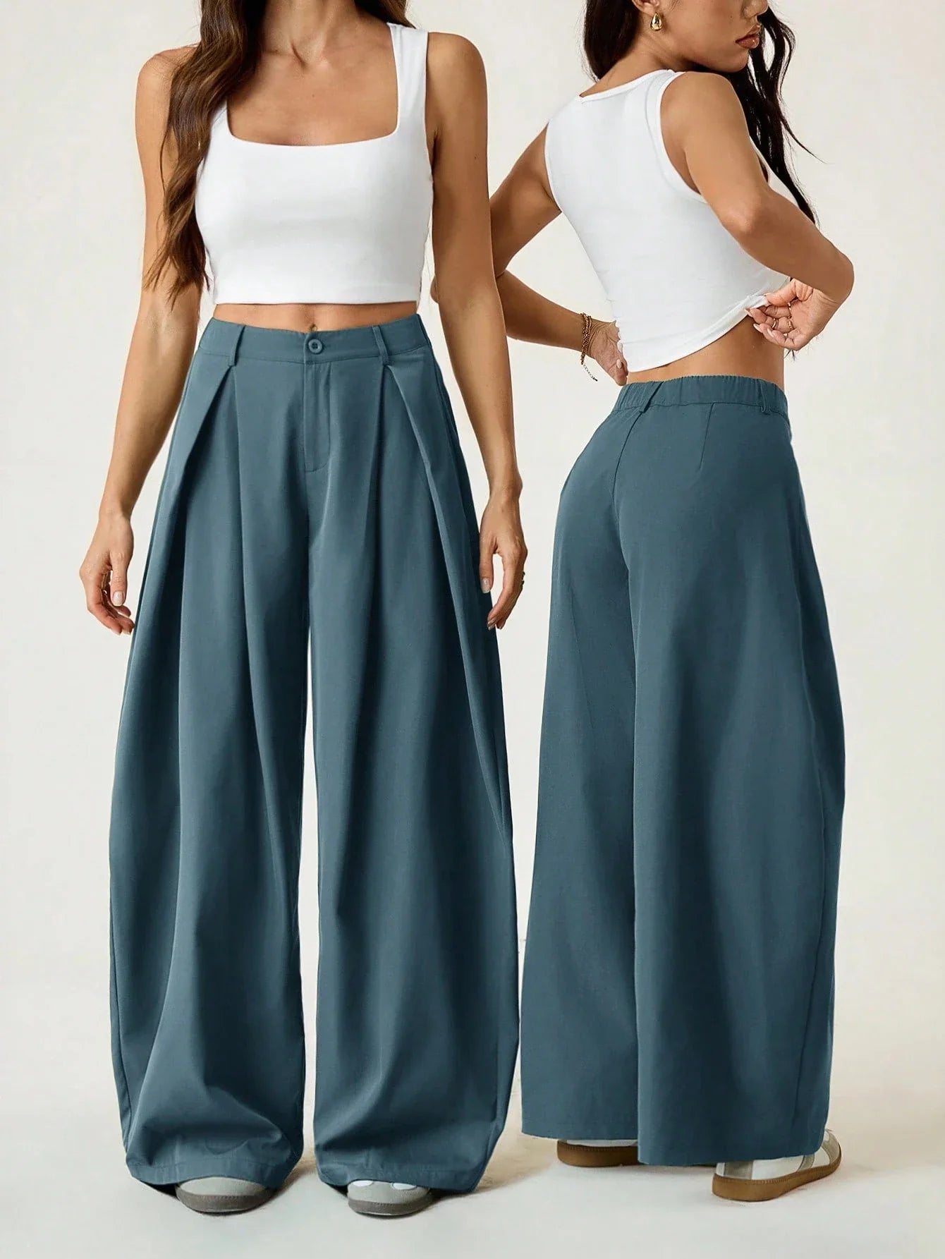 Vintage Casual Hippie Street Oversized Blue Striped Textured Wide Leg Pants shein