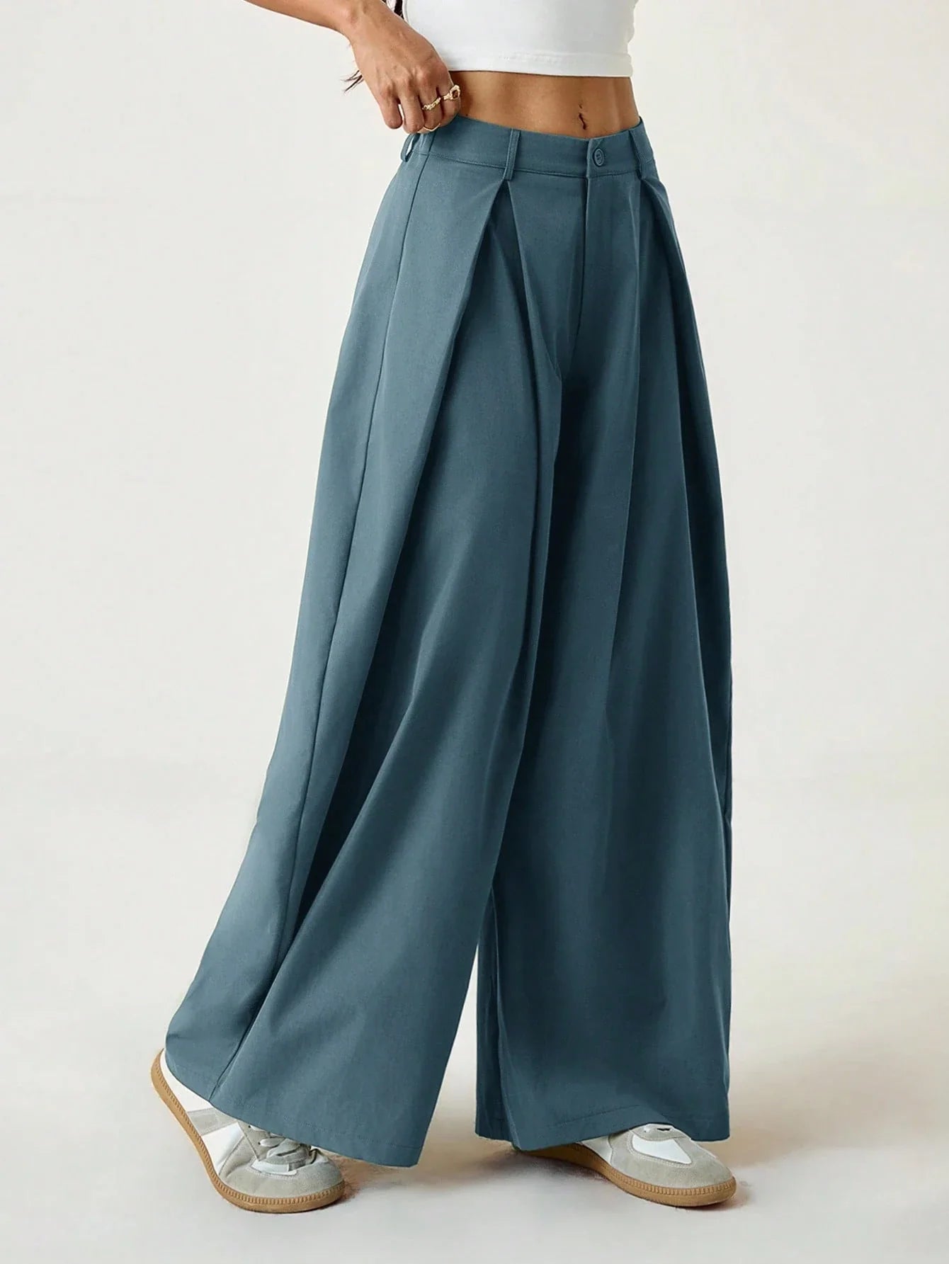 Vintage Casual Hippie Street Oversized Blue Striped Textured Wide Leg Pants shein