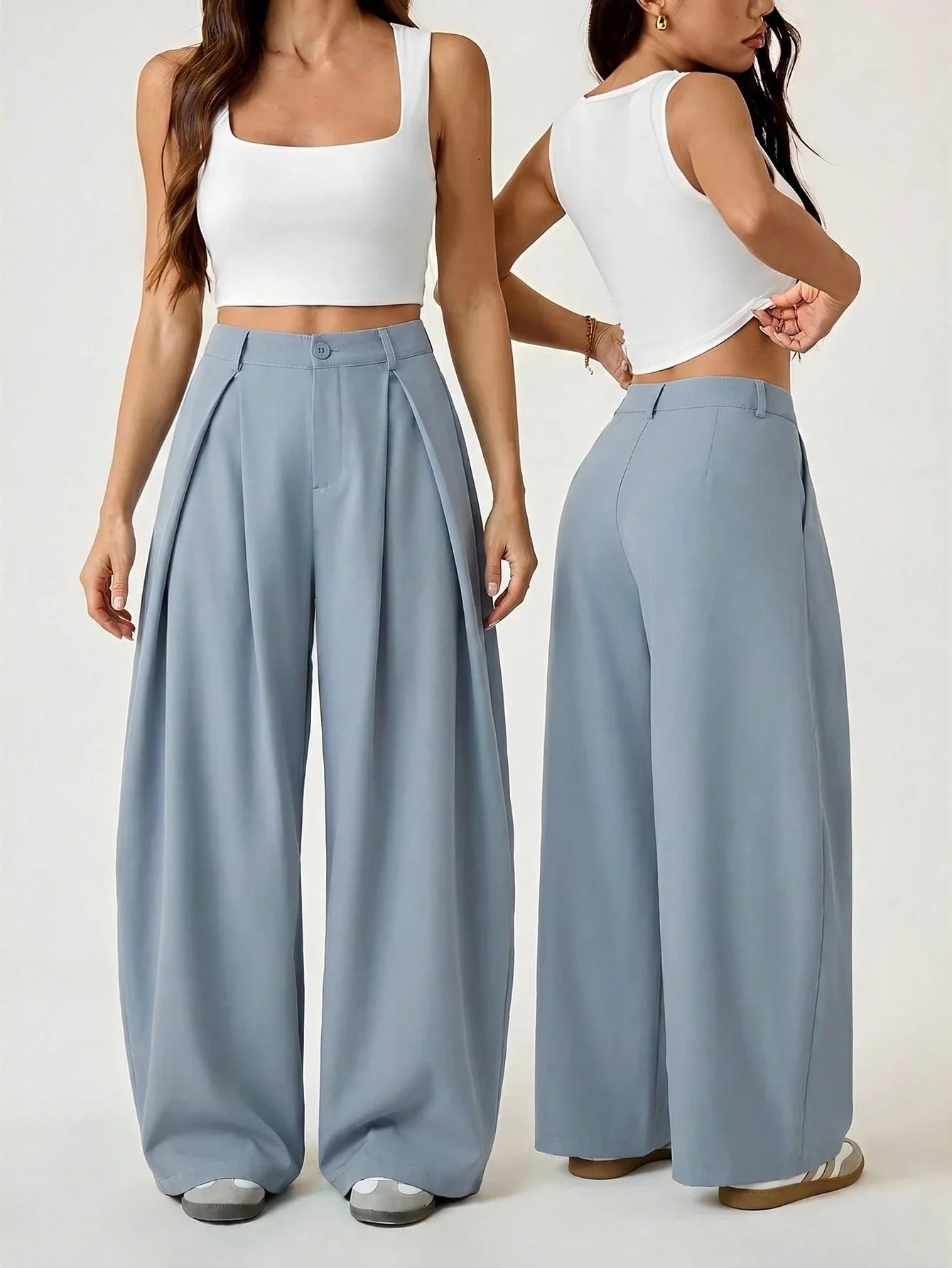 Vintage Casual Hippie Street Oversized Blue Striped Textured Wide Leg Pants shein