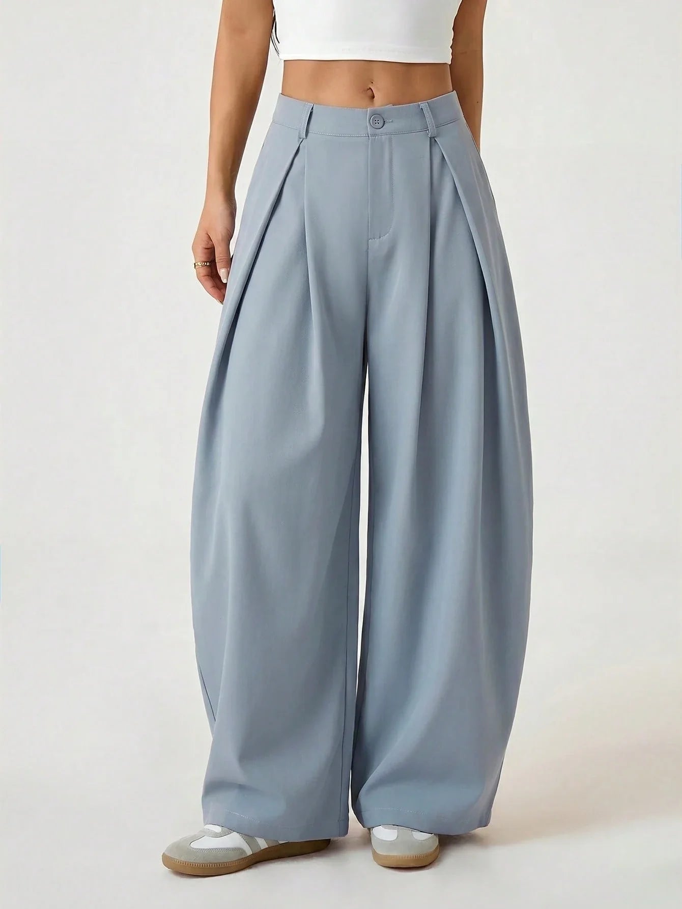 Vintage Casual Hippie Street Oversized Blue Striped Textured Wide Leg Pants shein
