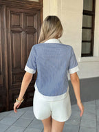 Vacation Striped Patchwork Contrast Pocket Short Sleeve Shirt shein