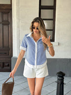 Vacation Striped Patchwork Contrast Pocket Short Sleeve Shirt shein