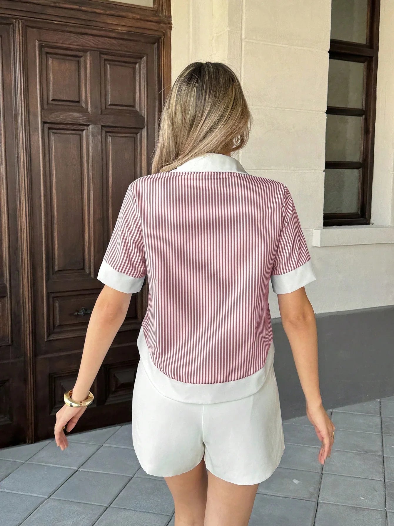 Vacation Striped Patchwork Contrast Pocket Short Sleeve Shirt shein