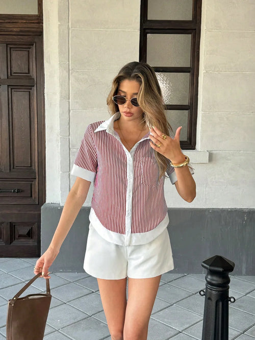 Vacation Striped Patchwork Contrast Pocket Short Sleeve Shirt shein