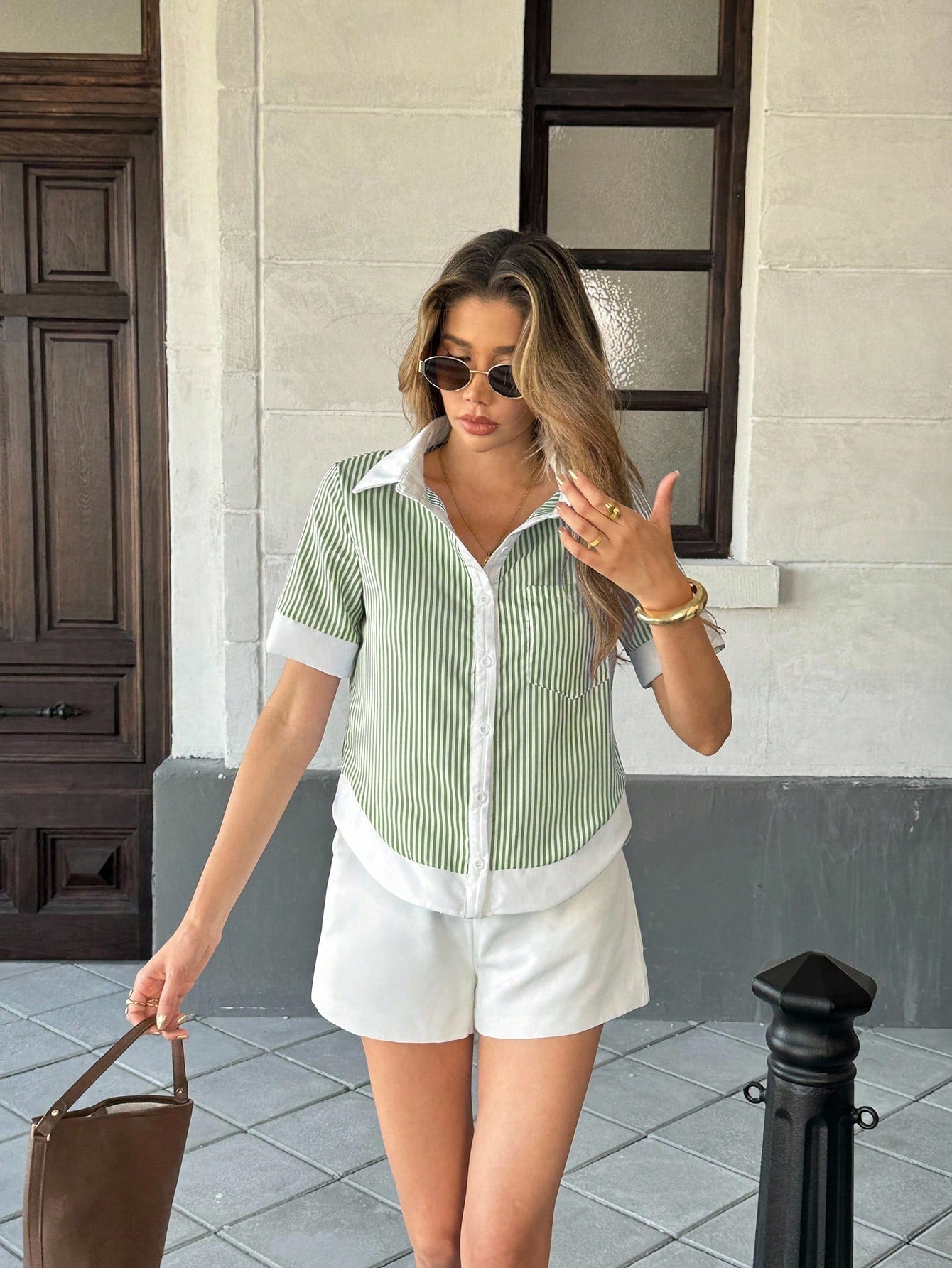 Vacation Striped Patchwork Contrast Pocket Short Sleeve Shirt shein