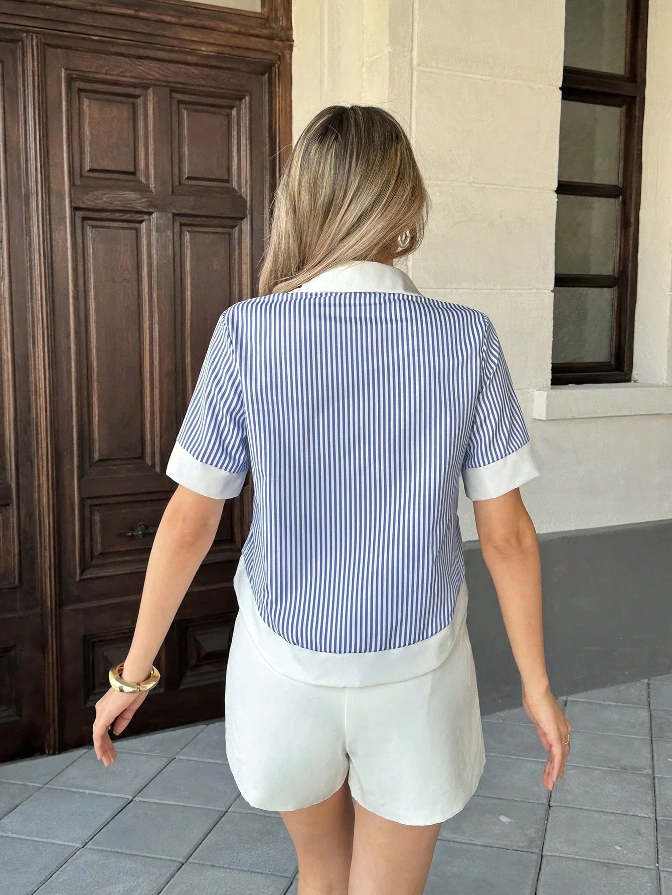 Vacation Striped Patchwork Contrast Pocket Short Sleeve Shirt shein
