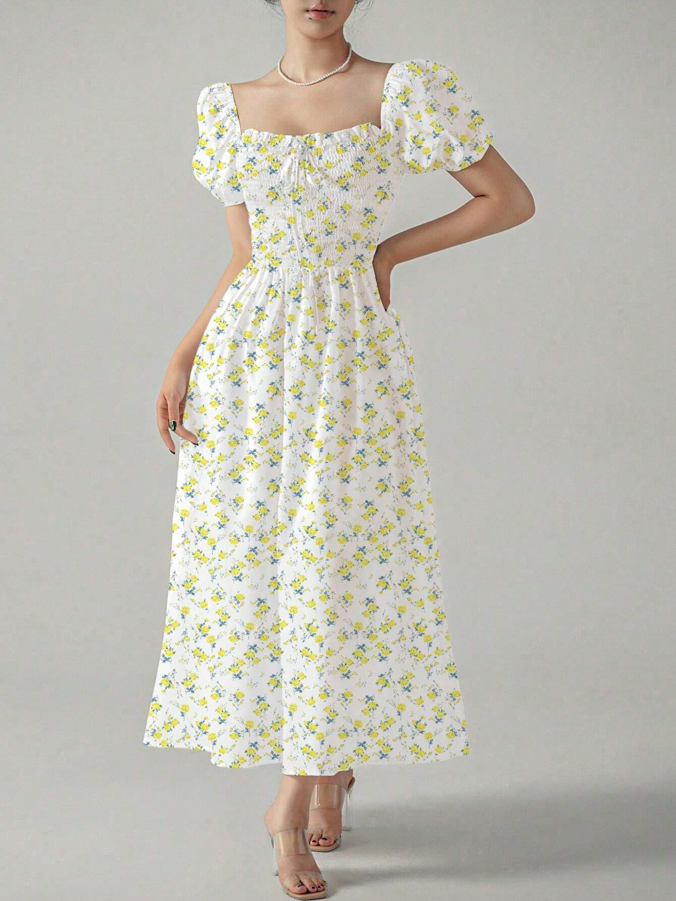 Allover Print Square Neck Puff Sleeve Dress shein