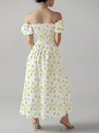 Allover Print Square Neck Puff Sleeve Dress shein