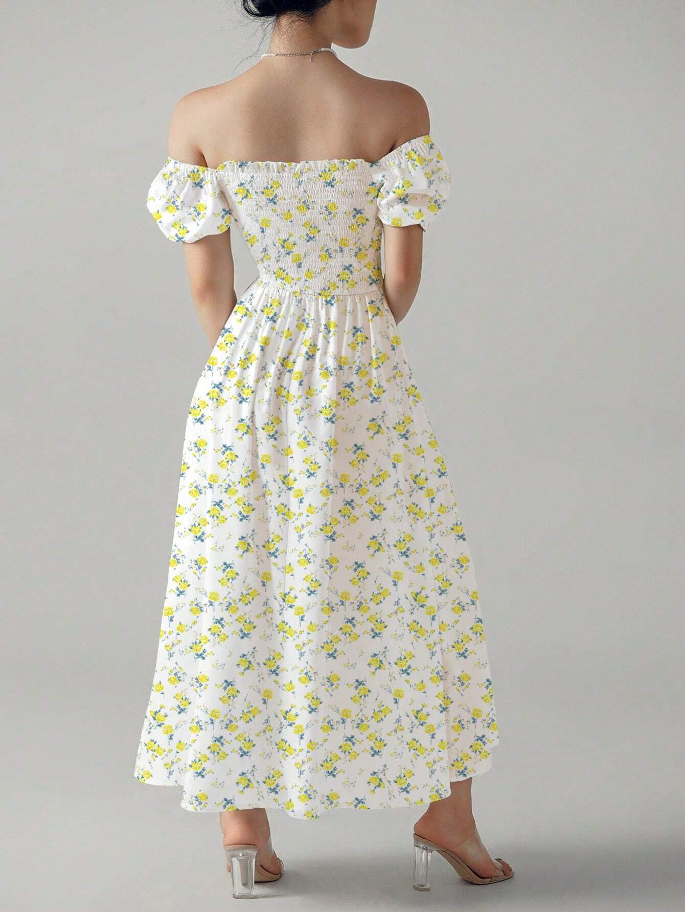 Allover Print Square Neck Puff Sleeve Dress shein
