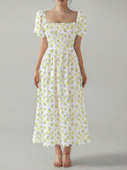 Allover Print Square Neck Puff Sleeve Dress shein