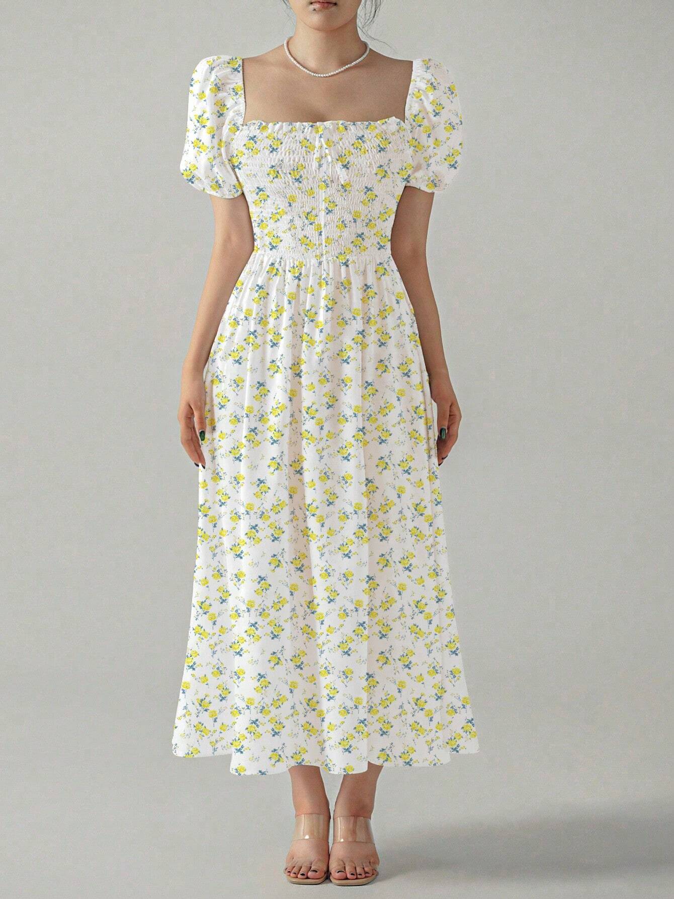 Allover Print Square Neck Puff Sleeve Dress shein