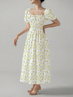 Allover Print Square Neck Puff Sleeve Dress shein
