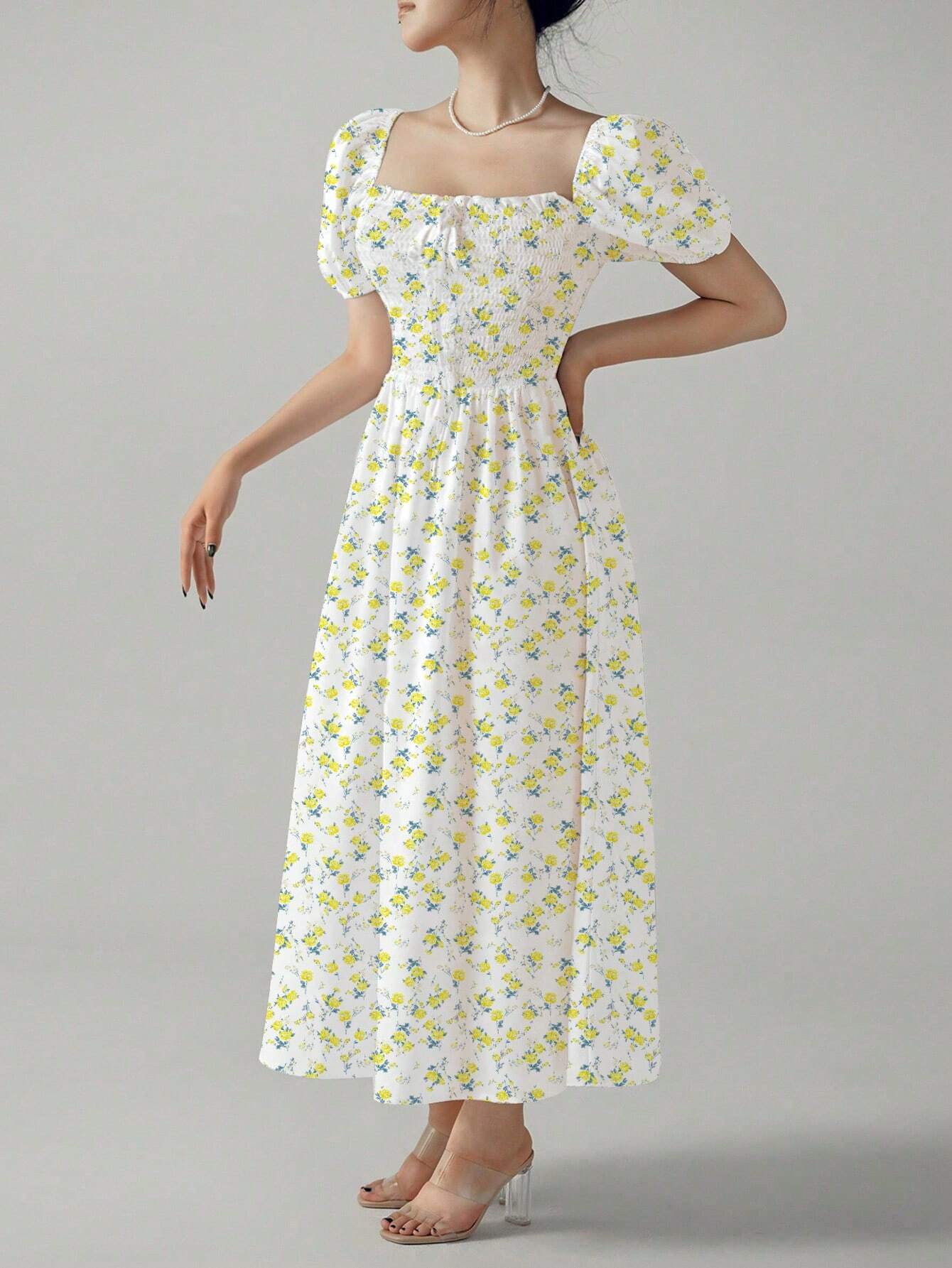 Allover Print Square Neck Puff Sleeve Dress shein