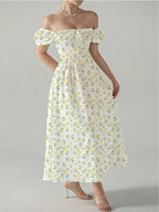 Allover Print Square Neck Puff Sleeve Dress shein