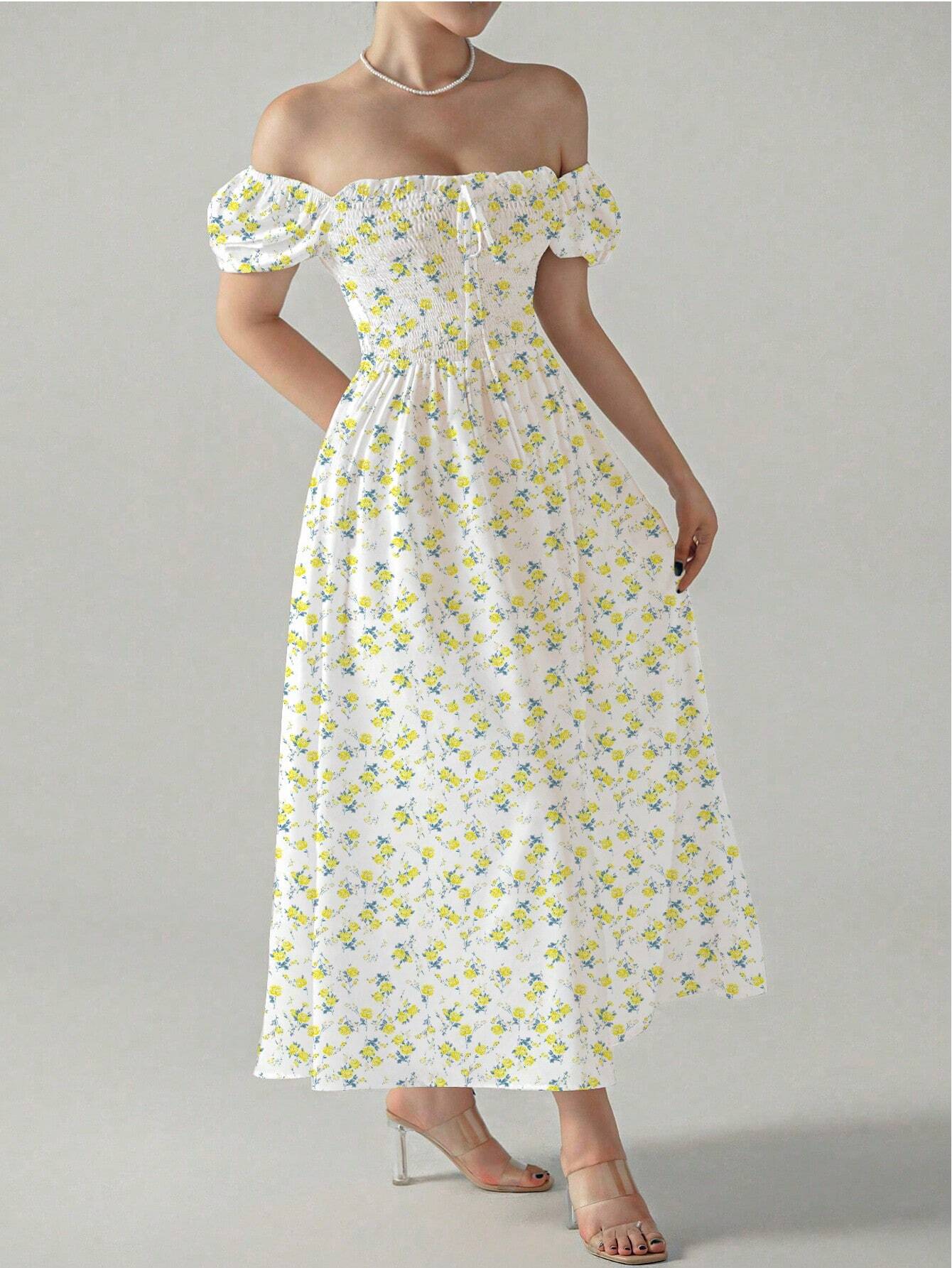 Allover Print Square Neck Puff Sleeve Dress shein