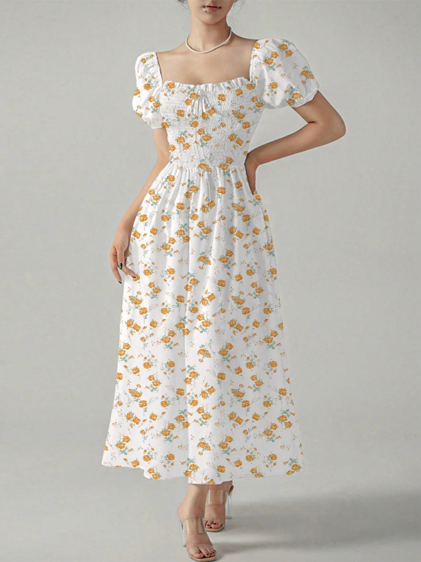 Allover Print Square Neck Puff Sleeve Dress shein