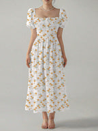 Allover Print Square Neck Puff Sleeve Dress shein