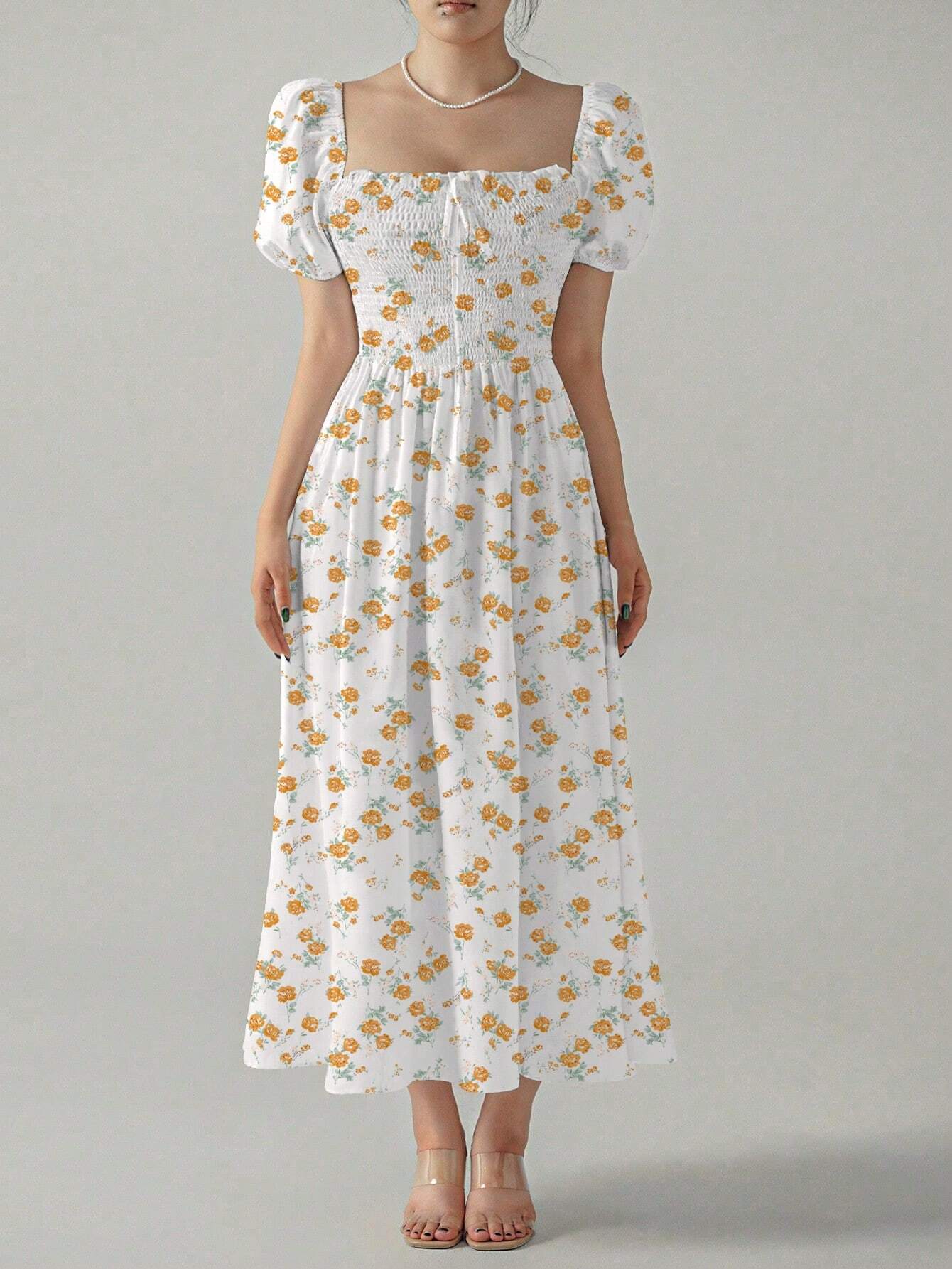 Allover Print Square Neck Puff Sleeve Dress shein