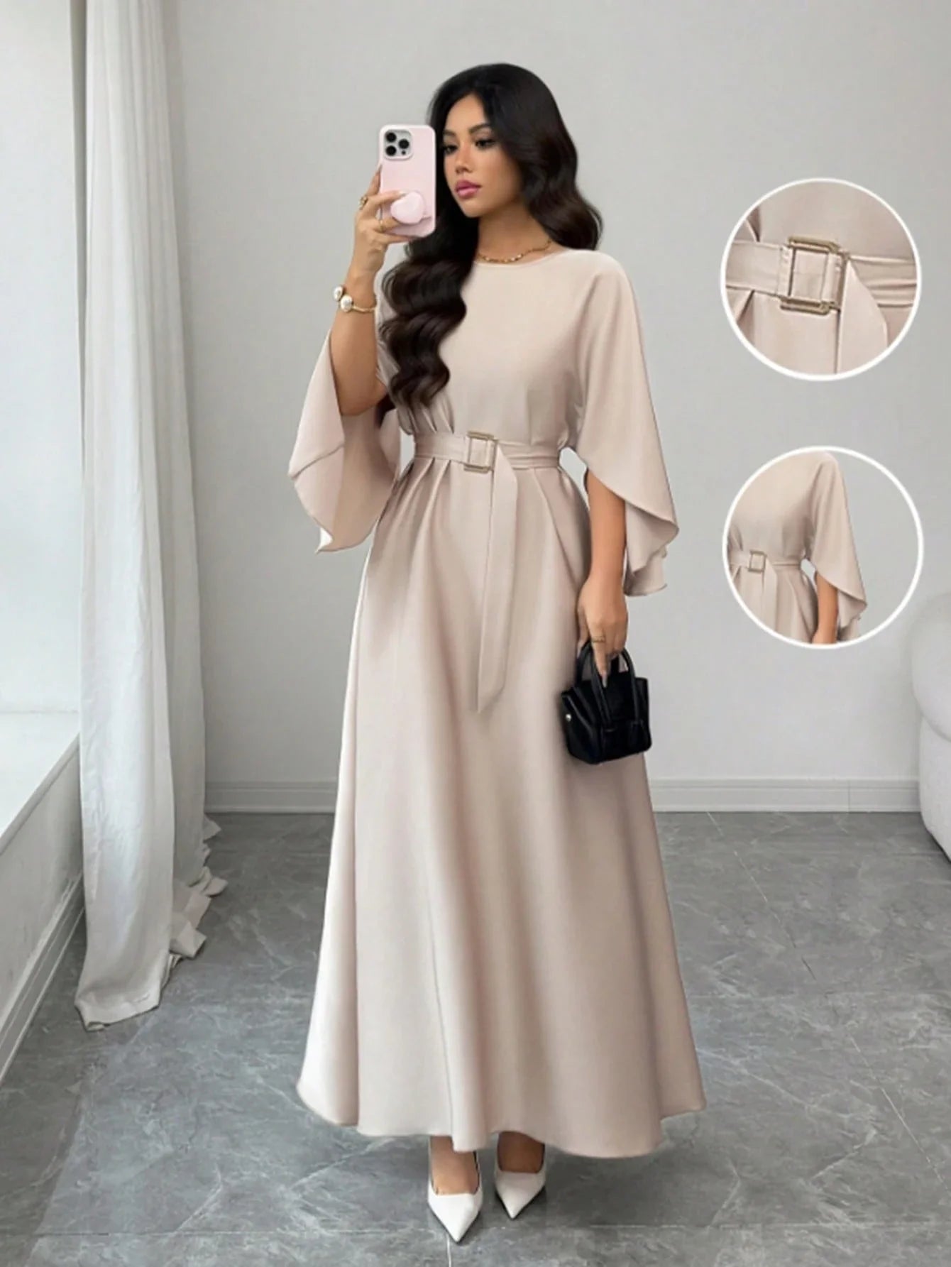 Elegant Refined Commute & Casual Batwing Sleeve Cinched Waist Dress shein